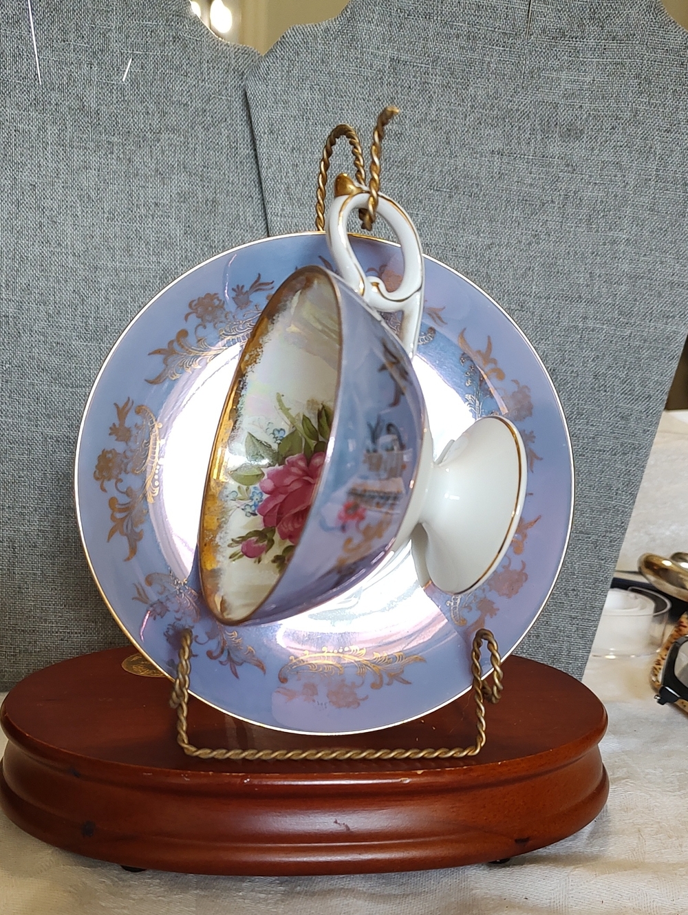 ROYAL HALSEY VERY FINE CUP & SAUCER-IRIDESCENT PURPLE w/GOLD TRIM -CABBAGE ROSE